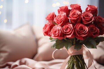 closeup of a beautiful bouquet of pink roses flowers with interior of modern living room on blurred background