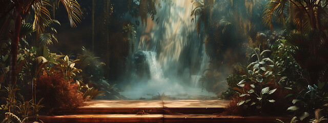 an abstract platform in the jungle with a waterfall b - obrazy, fototapety, plakaty