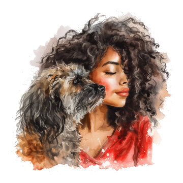 Curly girl with her curly dog watercolor paint 
