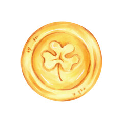 Gold coin with clover.Symbol of St. Patrick's day.Illustration with watercolors and markers.Hand drawn isolated clipart.Sketch of luck, profit, victory or success vector.Item for holiday design.
