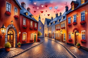 Fototapeta premium A romantic evening on the streets of the old town. Illustration by Generative AI.