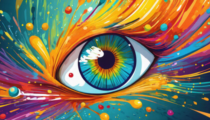 colorful eye with splashing color in flat 2d cartoon style