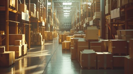 A labyrinth of stacked boxes on pallets leads down the aisle of an indoor warehouse, where the meticulous inventory management is reflected in the spotless floors - obrazy, fototapety, plakaty