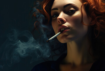 Obraz premium Close up picture of beautiful woman smoking in a dark room with back lighting.