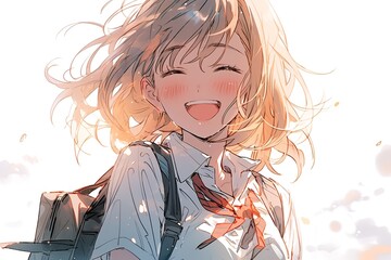 portrait of a smiling anime girl in school uniform on a white background - obrazy, fototapety, plakaty