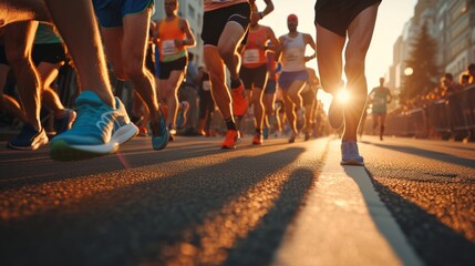 A diverse group of individuals, donning their athletic footwear and outdoor clothing, dash down the street in unison, their feet pounding against the pavement as they embrace the exhilaration of runn