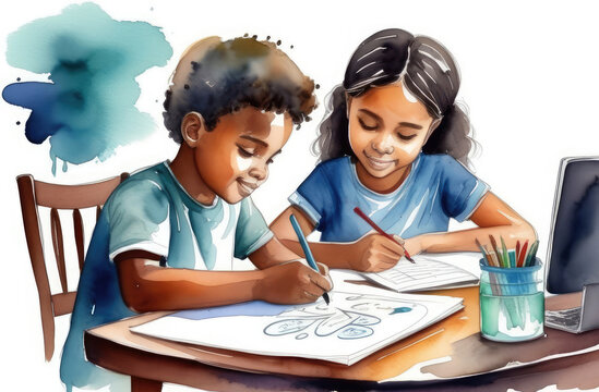 black siblings drawing in album at table, watercolor illustration. creative hobby, doing homework