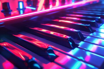 A vibrant symphony of magenta and violet hues dance upon the indoor piano keyboard, radiating with the passionate melodies of music - obrazy, fototapety, plakaty