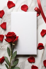 vertical mockup white blank paper sheet with red roses and petals top view on marble stone, template empty card flat lay with copy space