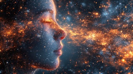  a close up of a person's face in front of a space filled with stars and a star cluster.