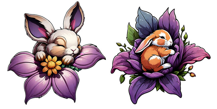 Cute bunny sleeping on the flower. Easter clipart png