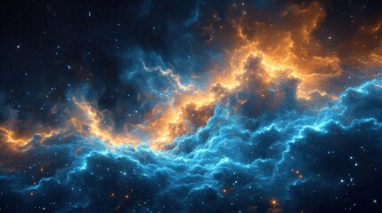  a computer generated image of a bright blue and yellow cloud in the night sky with stars in the night sky. - obrazy, fototapety, plakaty