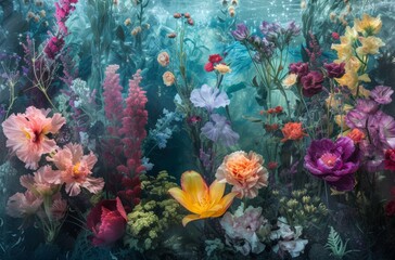 Fototapeta na wymiar A mesmerizing painting captures the delicate balance of life and beauty as a vibrant reef of underwater flowers provides a home for a diverse array of marine organisms and fish