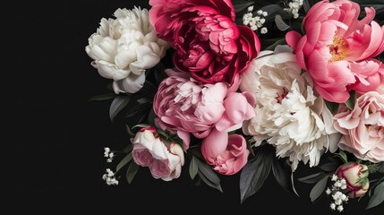 Obraz na płótnie Canvas White flowers and pink peonies isolated on a dark background.