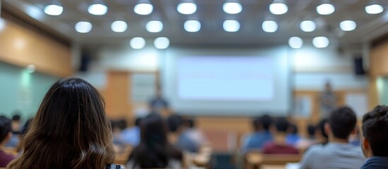 Blurred background of students in lecture room with projector screen.