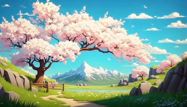 Cherry blossom sakura tree flower mountain and bright outdoor nature  art