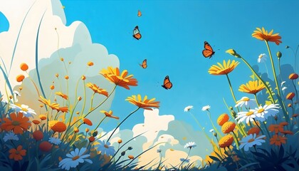 Fototapeta na wymiar Orange and white wild flowers with butterflies in fields, beautiful cloudy sky cartoon illustration background 