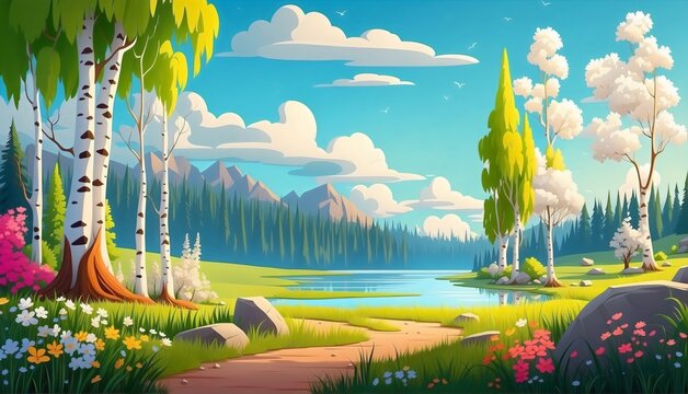 Landscape with lake and forest, birch trees and colorful wild flowers, cartoon illustration background 