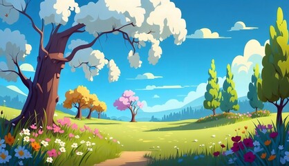Obraz premium Spring meadow with a lot flowers, colorful trees and green grass, cloudy sky, cartoon illustration background 