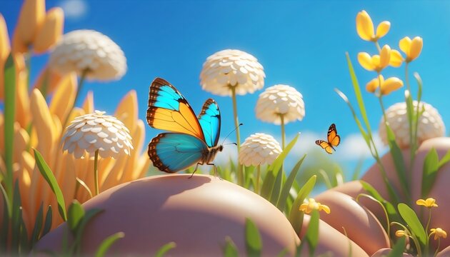 Fototapeta Spring season scenery little butterfly on rock against blue sky and dandelions, meadow yellow flowers,  cartoon illustration background  