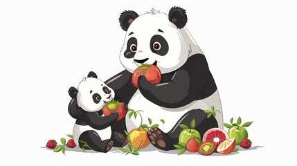 cartoon panda eating fruits with her baby