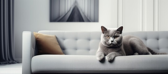 One beautiful british shorthair cat lies on empty gray sofa in cozy modern living room and looks in camera, domestic favorite pet