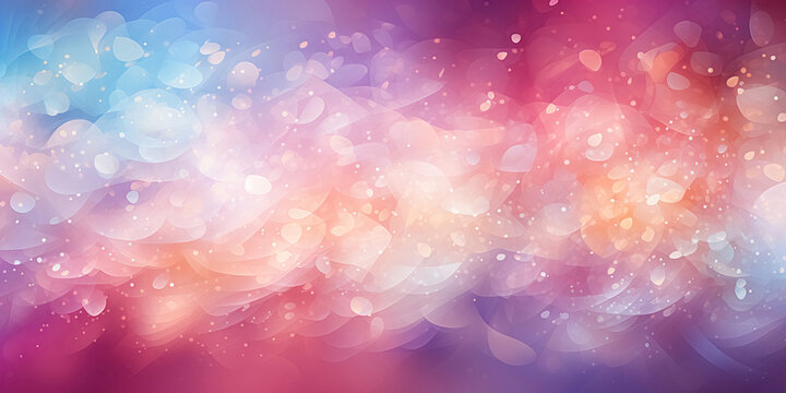 Blur bright festive background with intricate abstract colorful shapes, glowing many colored soft pastel red, blue, pink, lilac gradient shiny lights