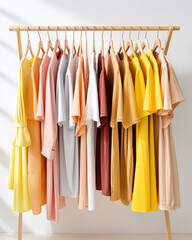 Women's colorful beautiful summer dresses are hanging on clothes rack in store against white wall