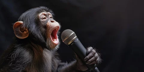 Gardinen Cute monkey is singing song on karaoke stage at the club. Banner with monkey musician on black background with copy space © Balica