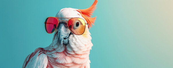Stylish, quirky cockatoo parrot in sunglasses on blue background with copy space. Bright banner that creates desire for vacation and travel - obrazy, fototapety, plakaty