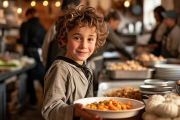 Young, positive, caucasian boy in homeless shelter receives help, volunteers distribute food in canteen, social problems, children on street