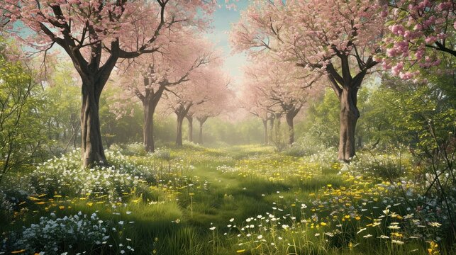  a painting of a forest filled with lots of pink and white flowers and trees with lots of green grass and yellow and white flowers.