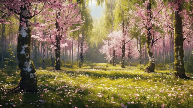  a painting of a forest with pink flowers and a person sitting on a bench in the middle of the forest.