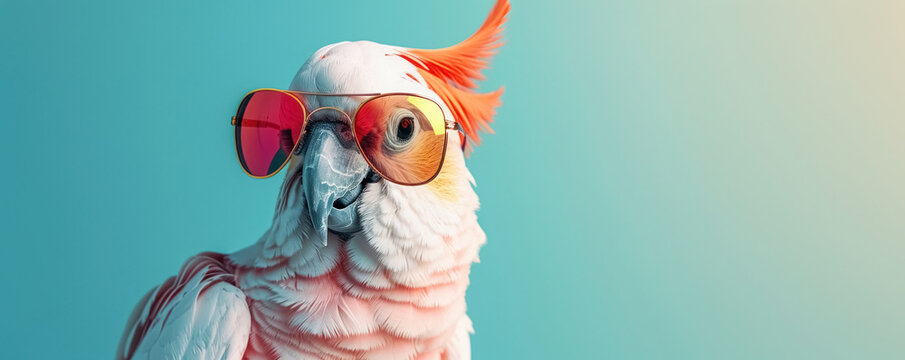 Stylish, quirky cockatoo parrot in sunglasses on blue background with copy space. Bright banner that creates desire for vacation and travel