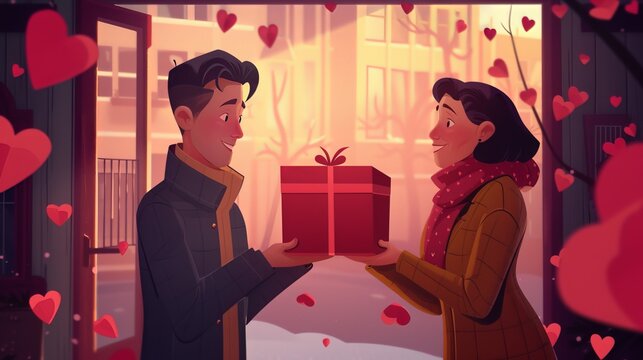 cartoon image. anime background. a man giving a gift to his wife on a special day.