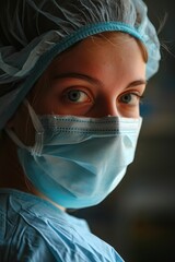 a woman wearing a surgical mask and cap