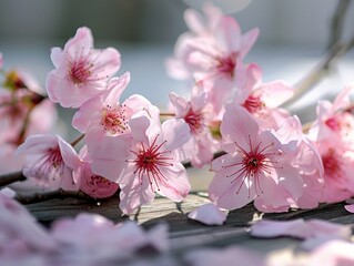a group of pink flowers on a wood surface