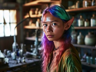 Fototapeta premium a woman with colorful hair and elf ears