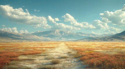  a dirt road in the middle of a dry grass field with mountains in the distance and clouds in the sky.
