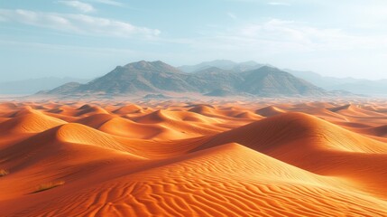  a desert with a mountain in the distance and sand dunes in the foreground and a blue sky with wispy clouds.