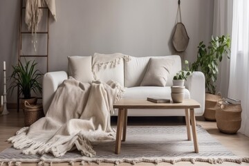 White sofa with grey pillows and a blanket in a little living space