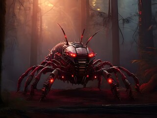Insektenförmiger Roboter in mystischem Wald
