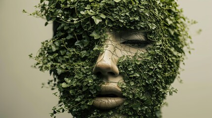 In place of hair, a woman's face is covered in plants that grow throughout her body like ivy and become a part of her. - obrazy, fototapety, plakaty