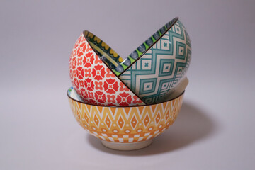 Porcelain bright bowls on the table.