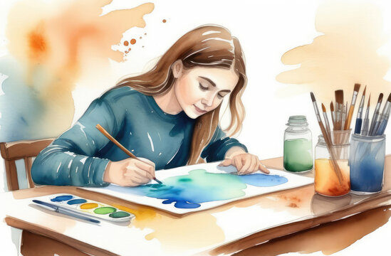 caucasian girl drawing in album at table, watercolor illustration. creative hobby, doing homework
