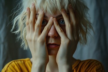a woman with blonde hair holding her hands over her face