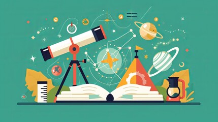 An open book-shaped tent, a telescope, a microscope, and other science-themed visual elements are featured in this awesome flat design graphic element for a science camp. - obrazy, fototapety, plakaty