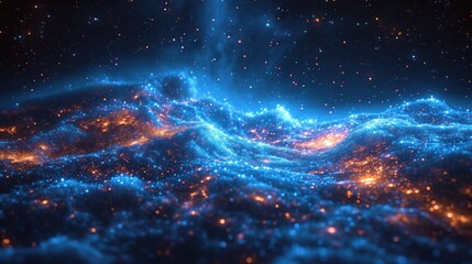  a computer generated image of a blue and yellow swirl in the center of a space filled with stars and dust.