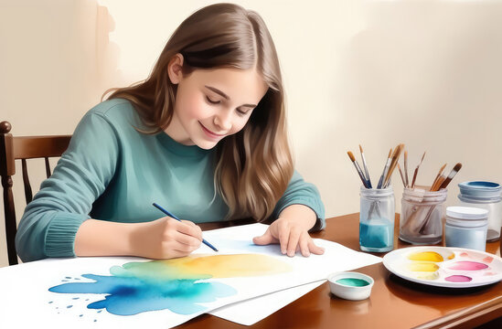 caucasian girl drawing in album at table, watercolor illustration. creative hobby, doing homework