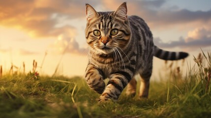 cat, Celtic Shorthair running on a grass